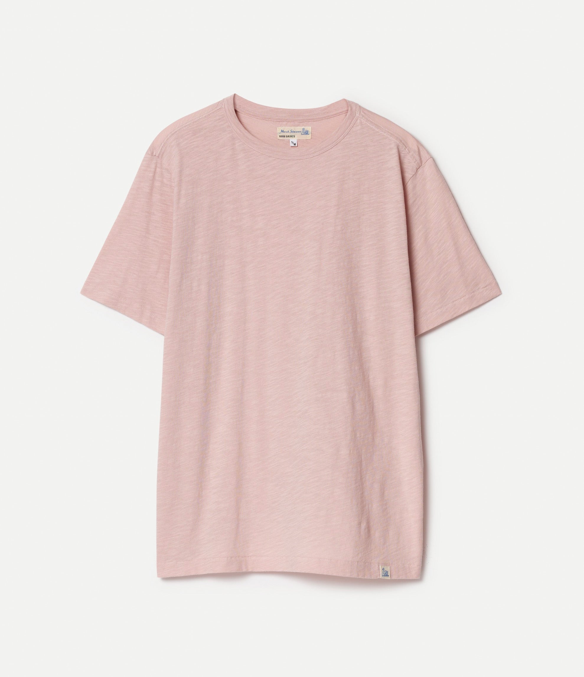 Pink short-sleeved crew neck t-shirt against white background