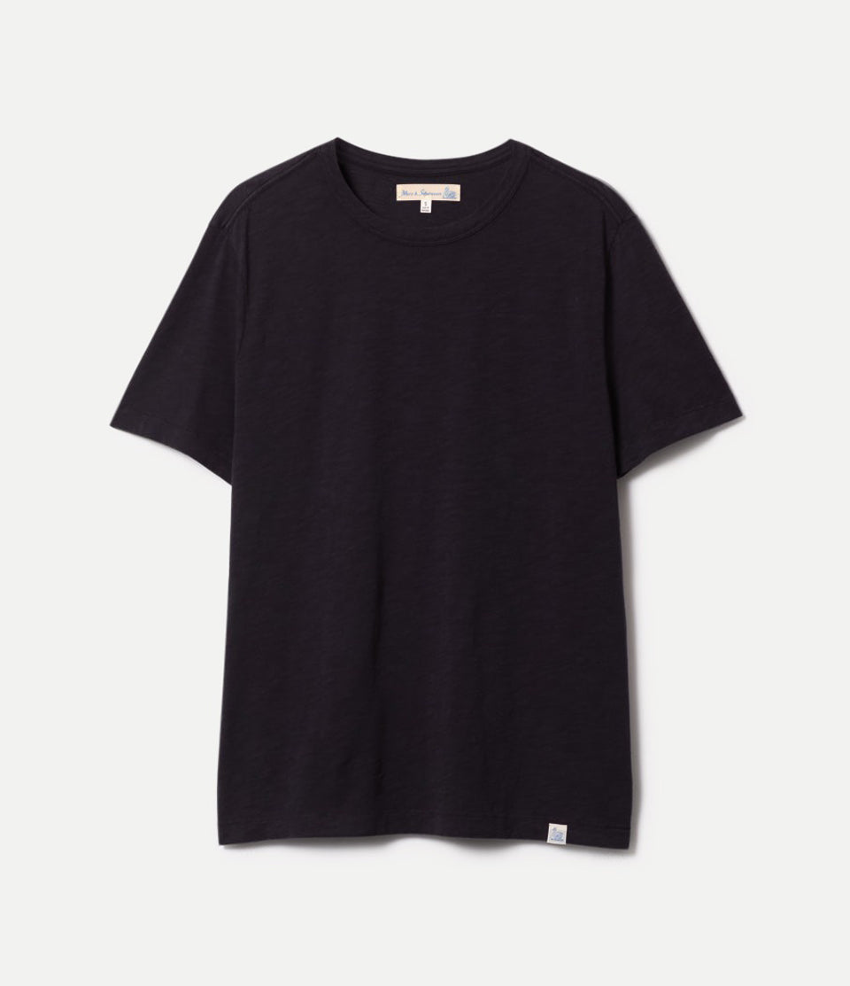 Black short-sleeved crew neck t-shirt against white background