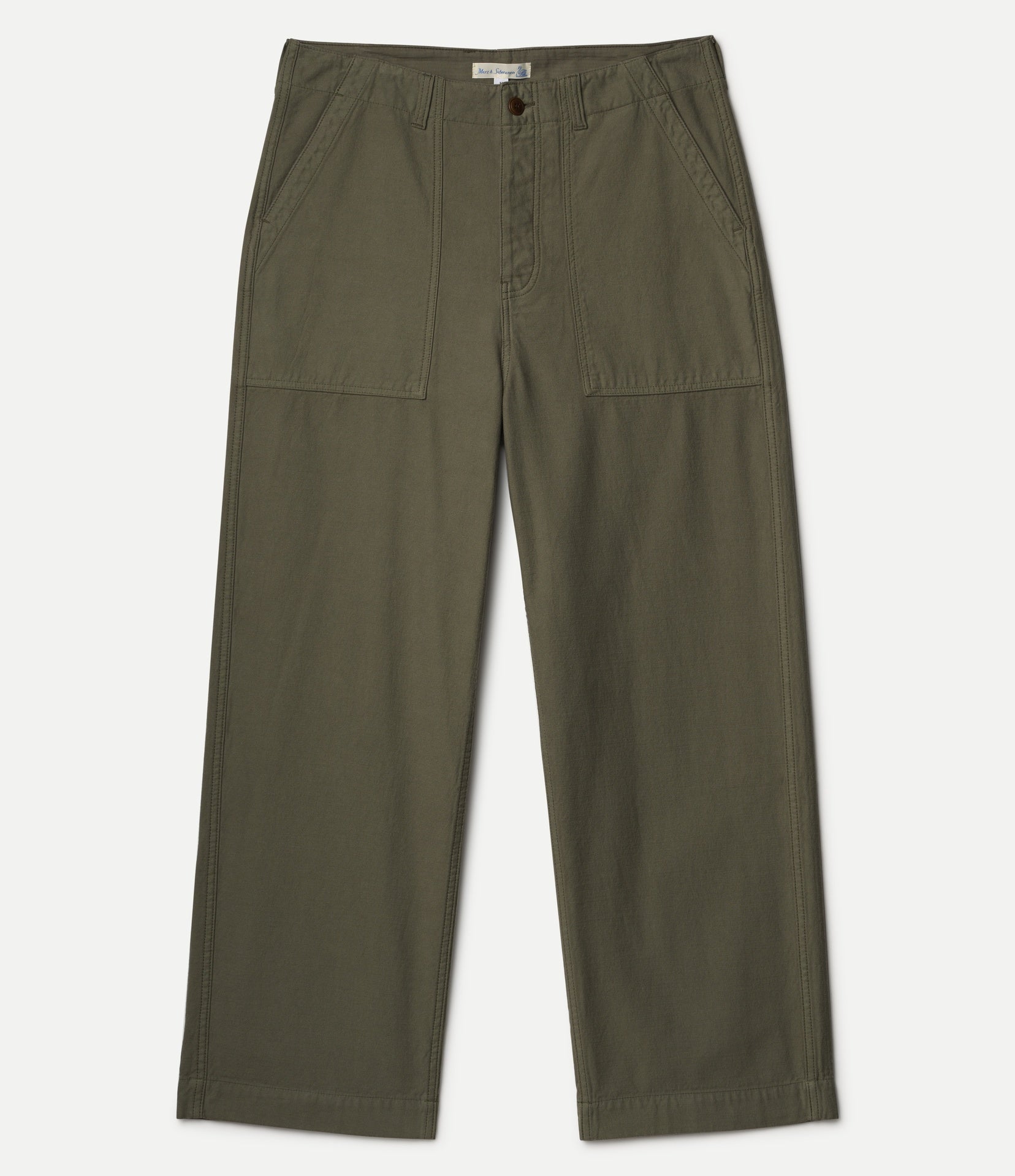 Olive green relaxed-fit pants with a button fly and large front pockets, shown flat against a light gray background.