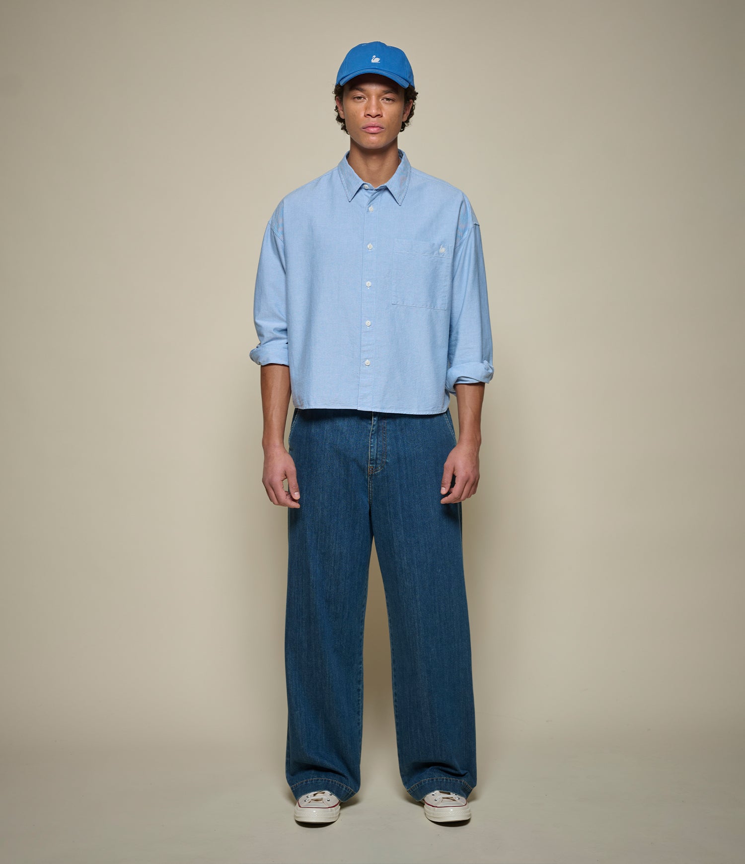 Cropped Boxy Style Cotton Oxford Long Sleeve Shirt