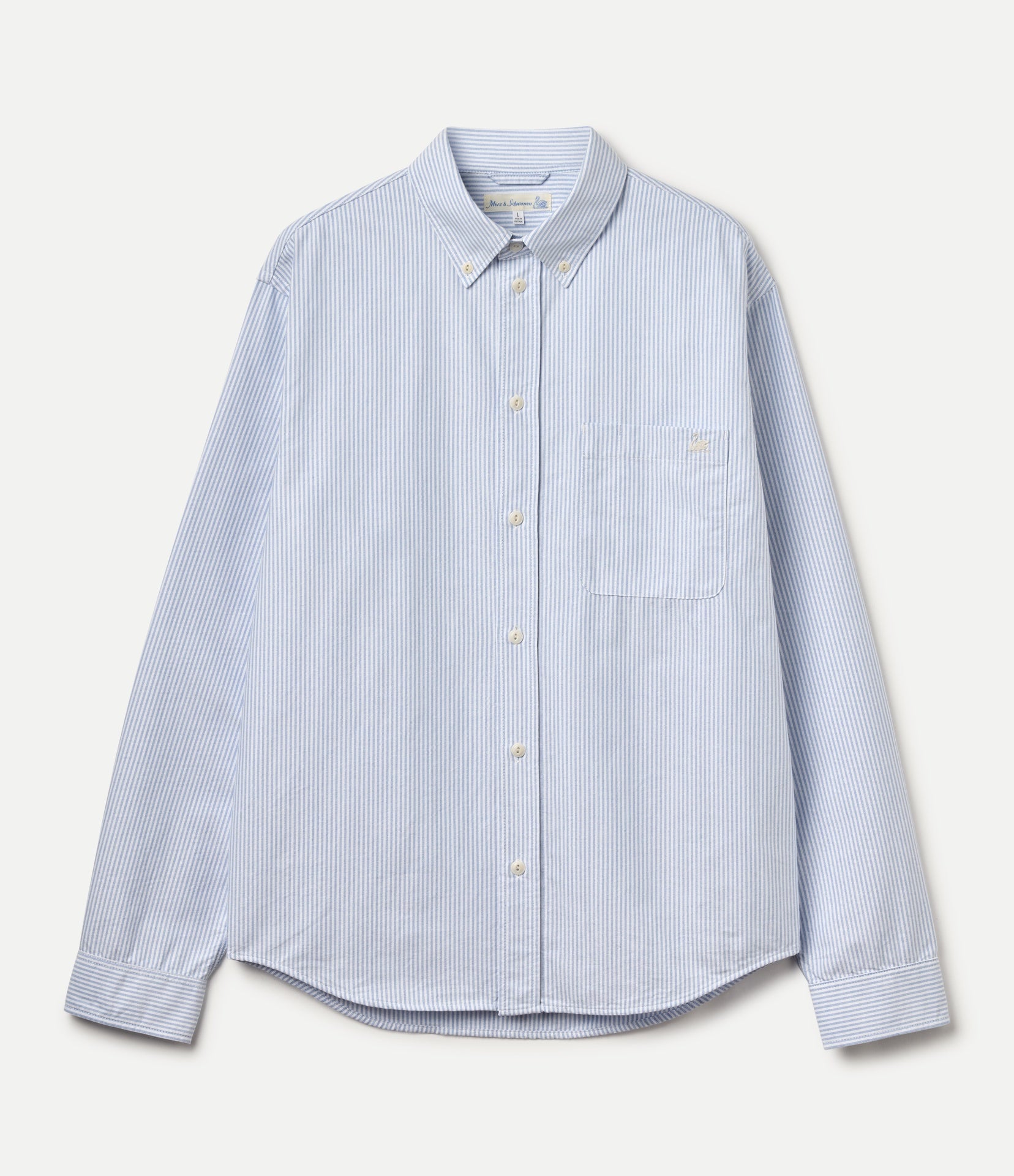 Light blue striped button- down shirt on a white background