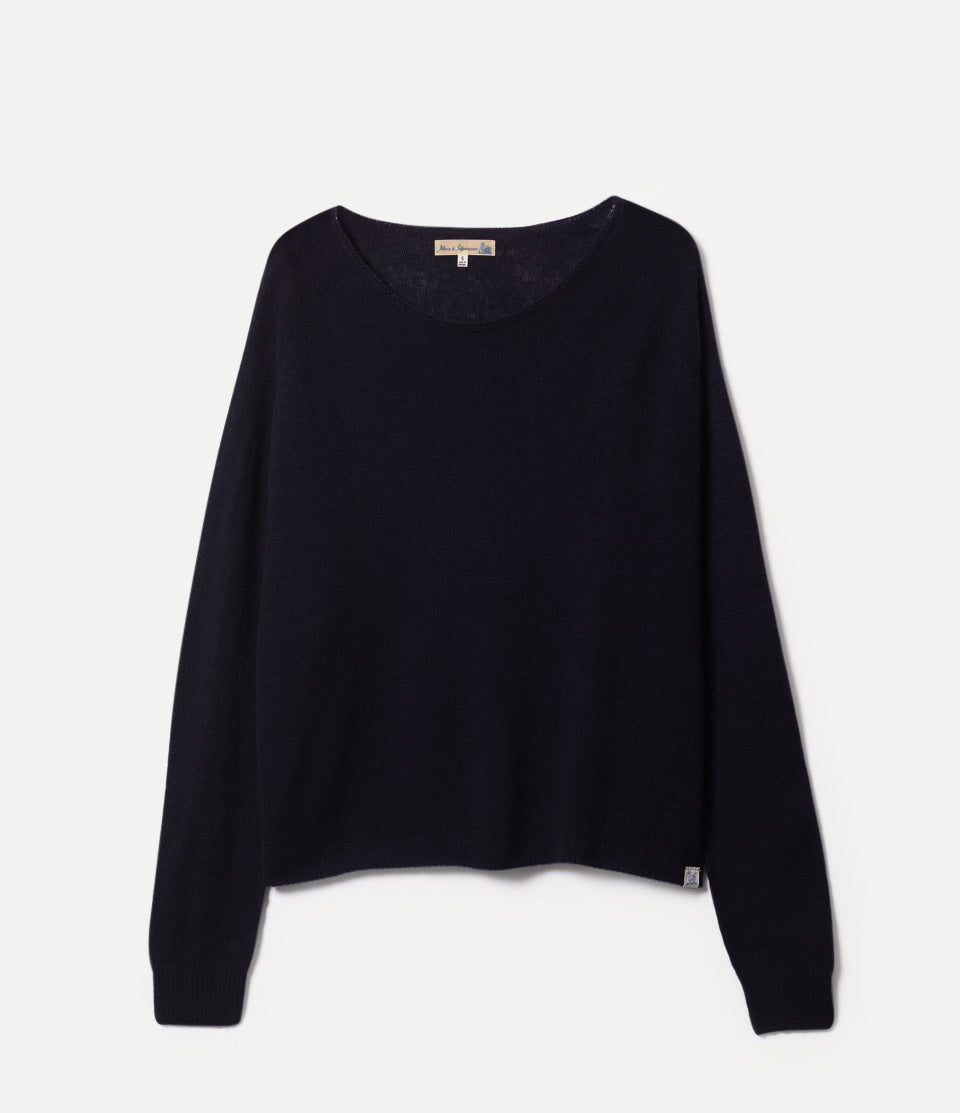 Dark navy sweater on a light gray background