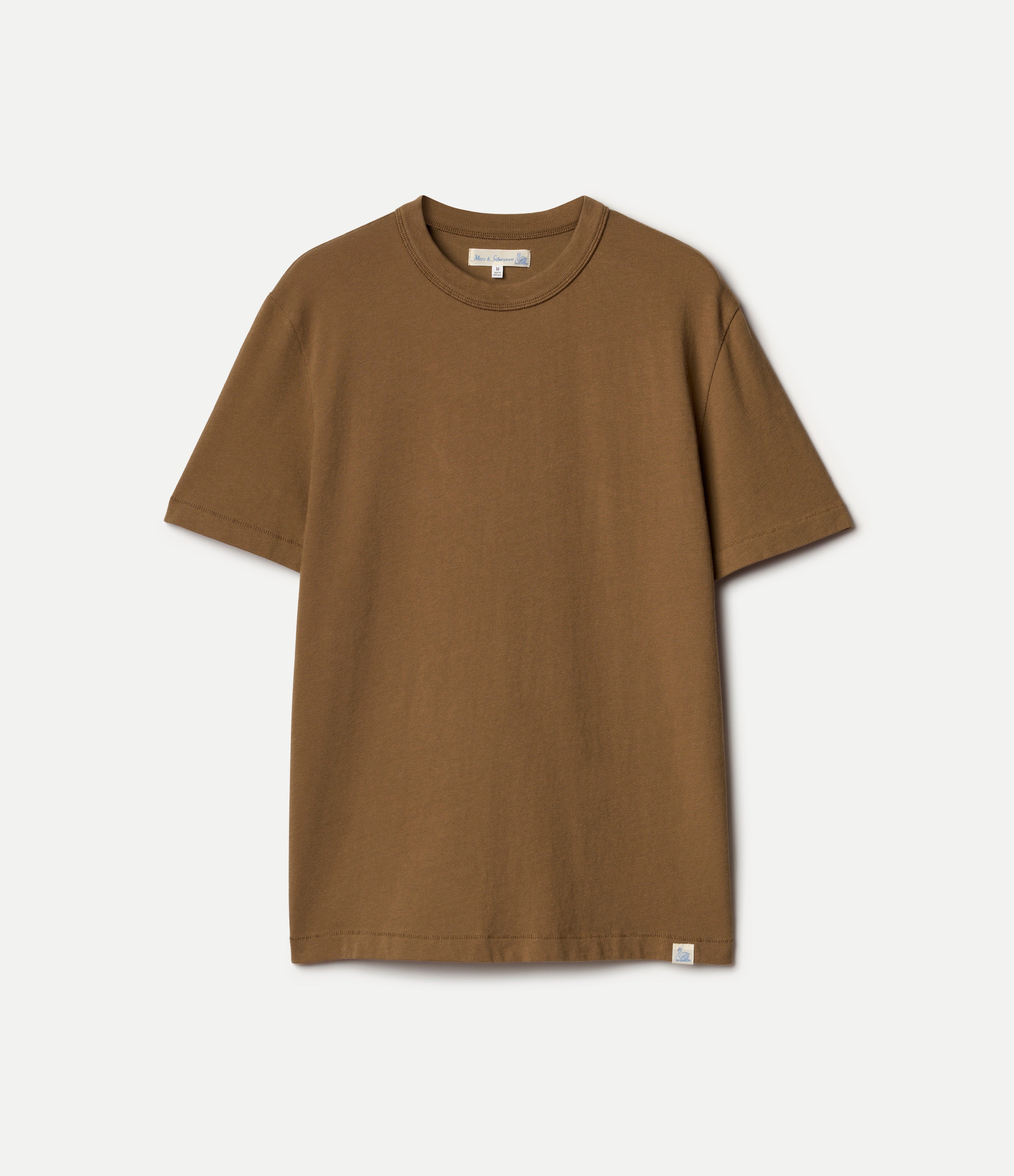 Brown organic cotton t-shirt against a neutral background