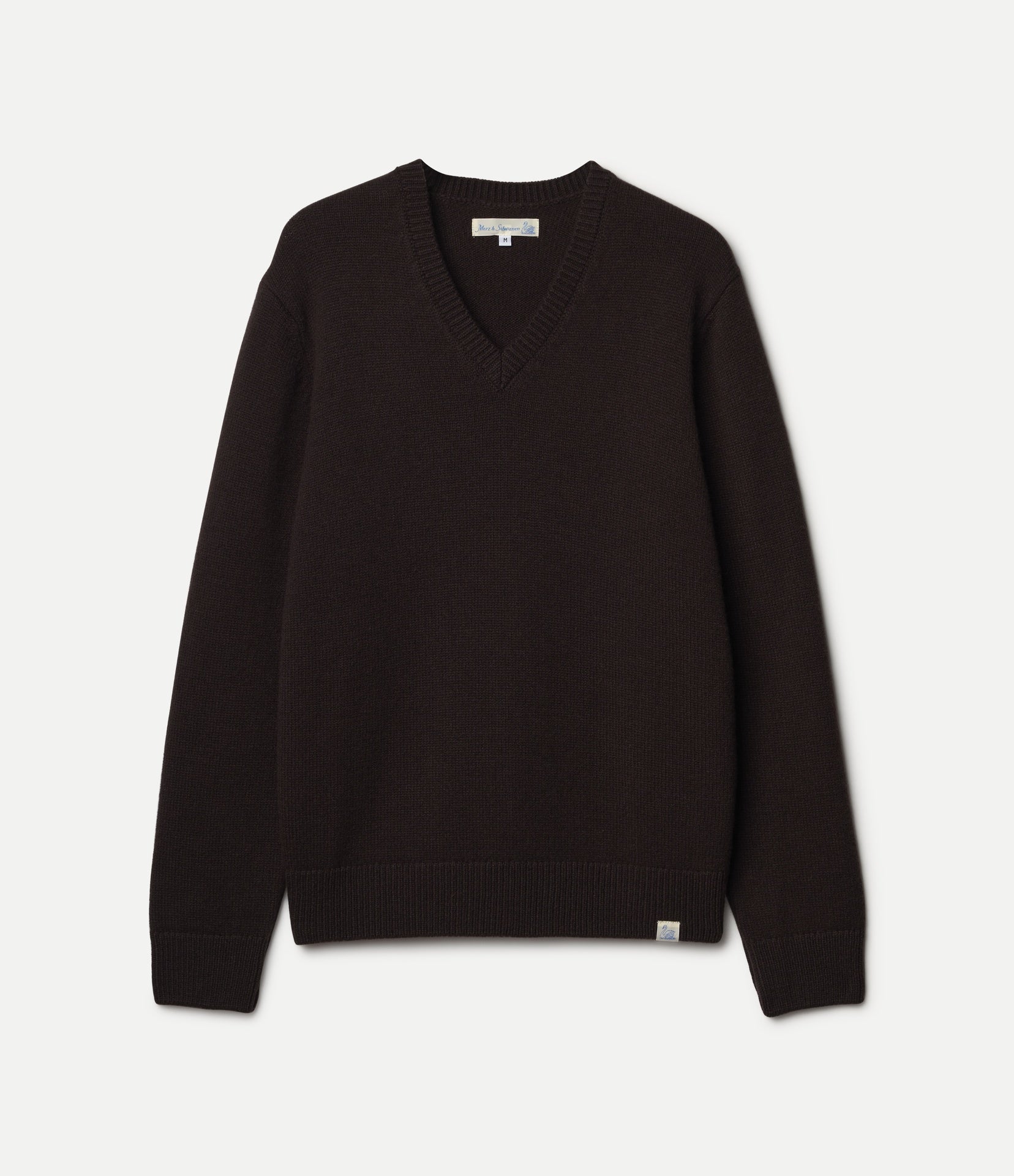 A dark brown V-neck knit sweater with long sleeves, shown flat against a light gray background.