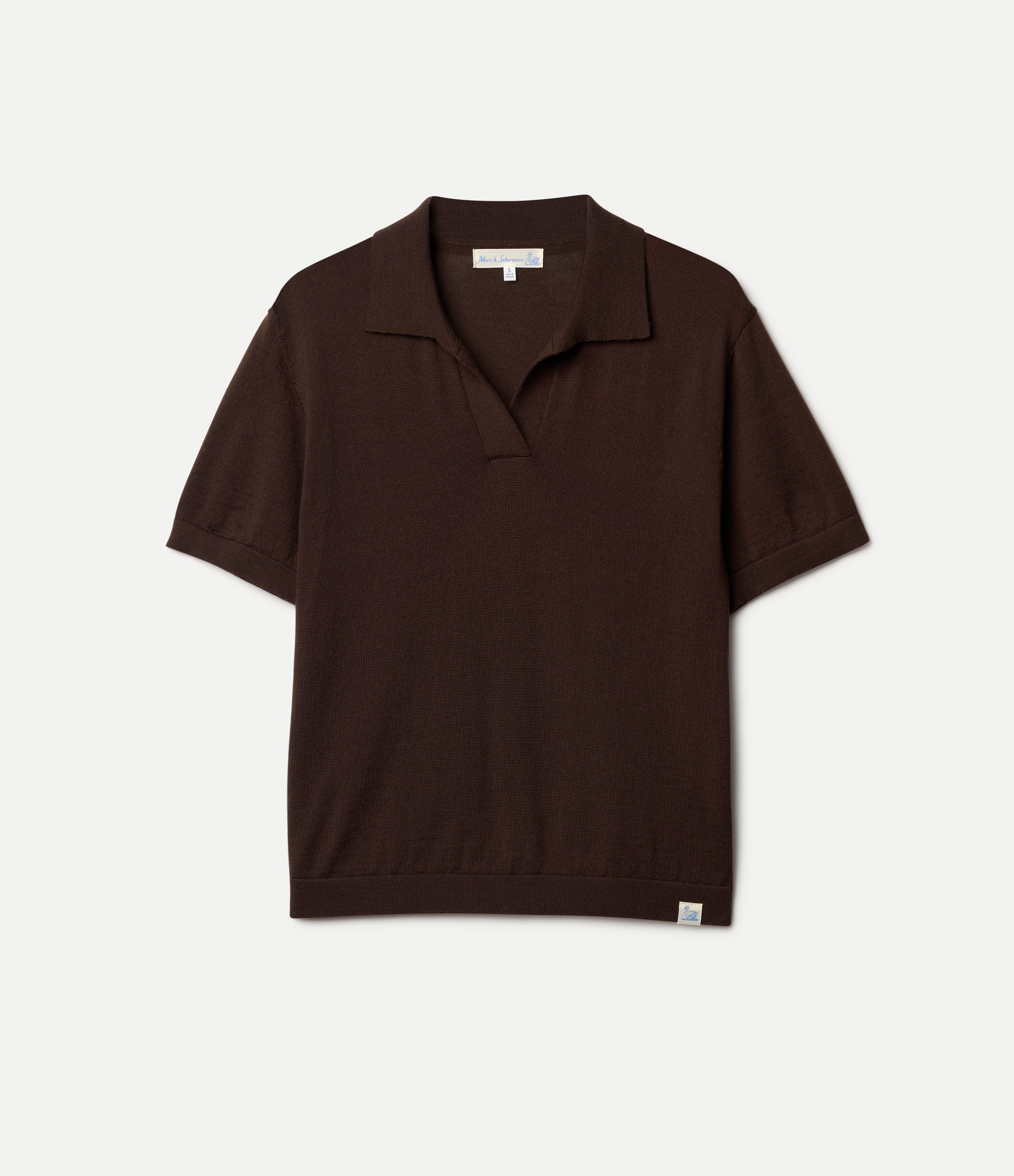 Brown knitted merino wool polo shirt on a light gray background