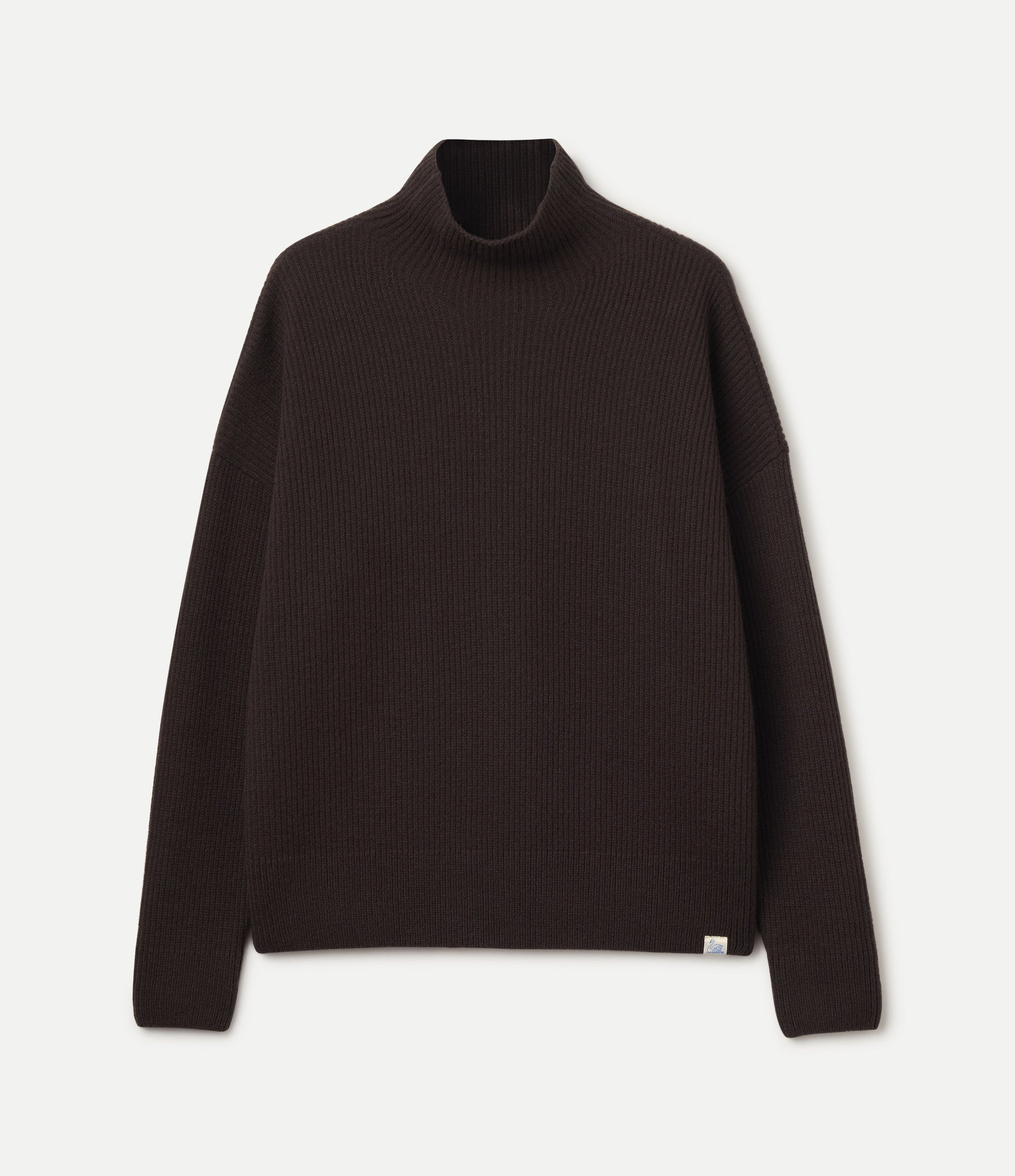 A dark brown ribbed knit mock neck sweater with long sleeves, displayed flat against a light gray background.