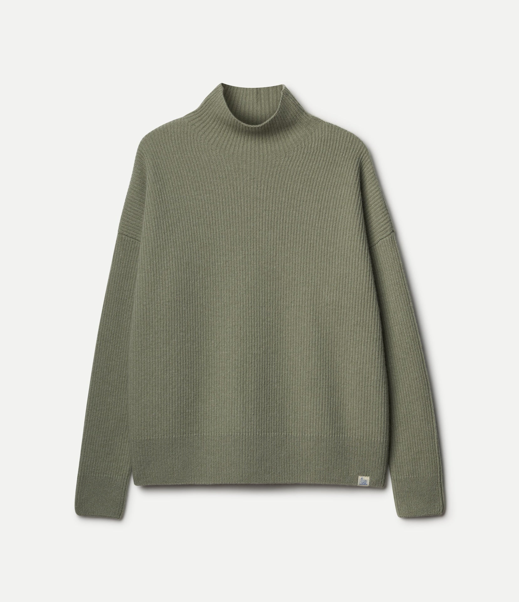 An olive green ribbed knit mock neck sweater with long sleeves, displayed flat against a light gray background.