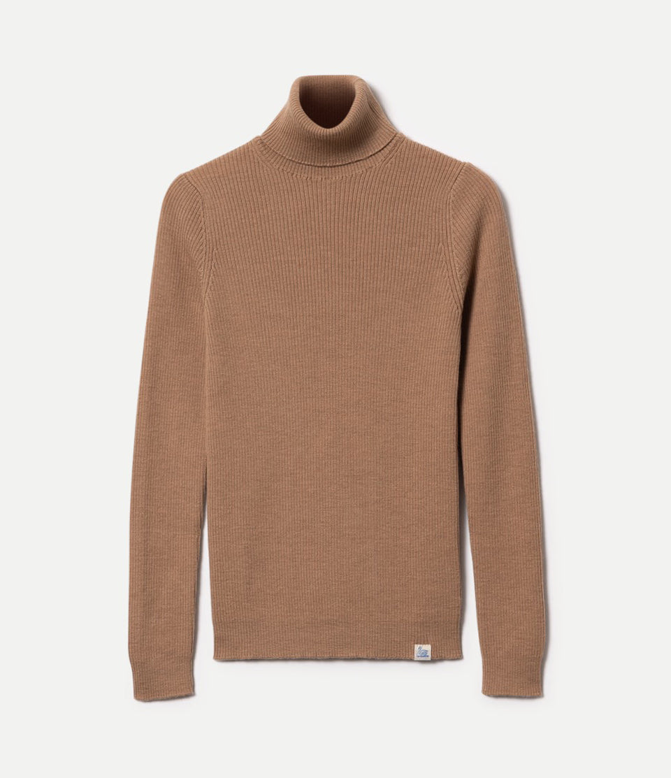 Brown turtleneck sweater on a white background