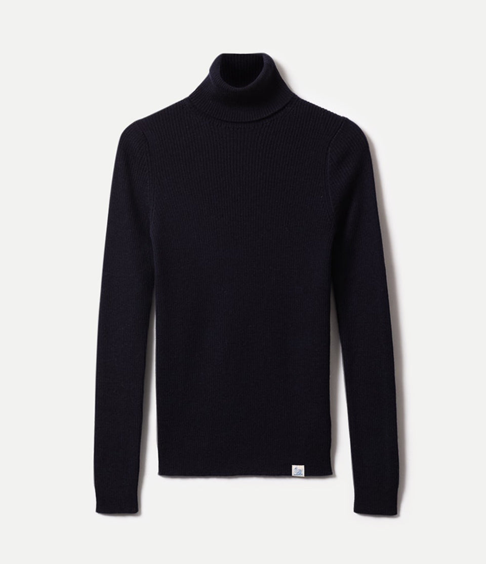 Dark navy turtleneck sweater on a white background