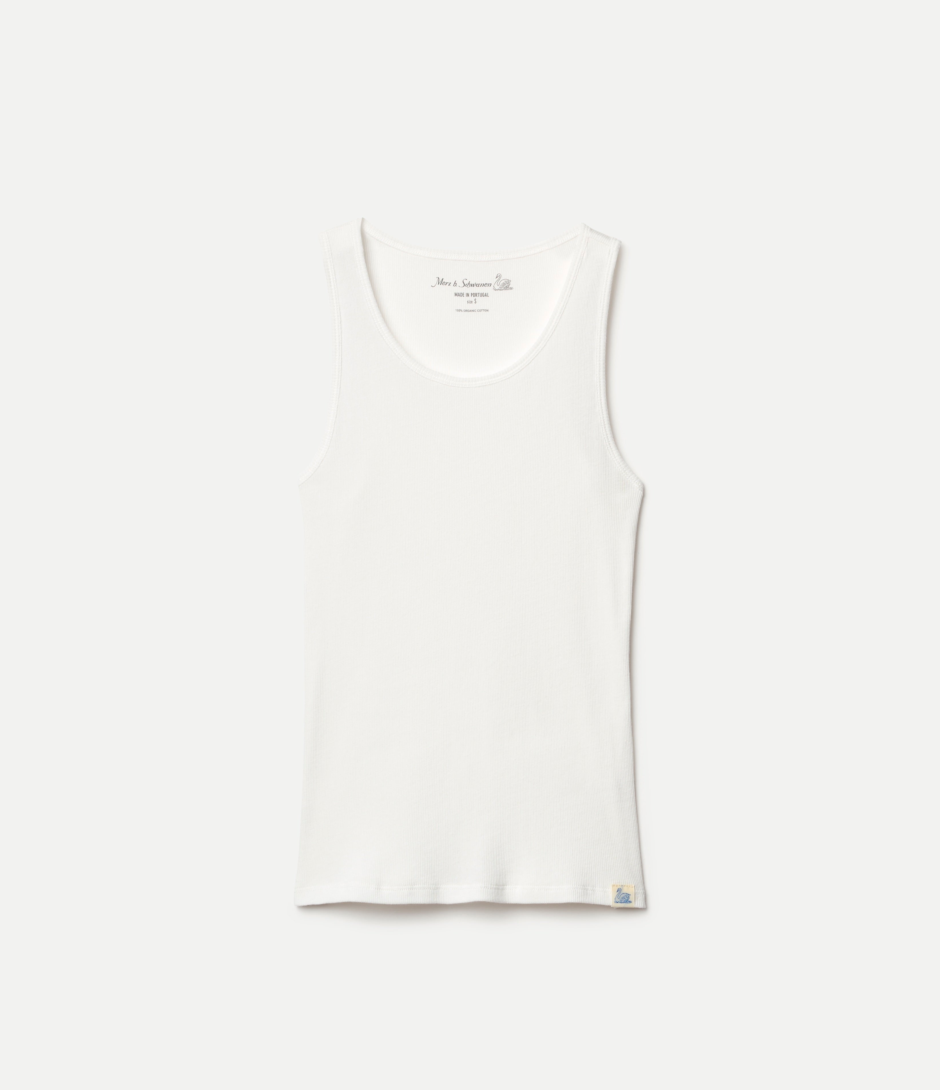 White ribbed tank top on a neutral background.