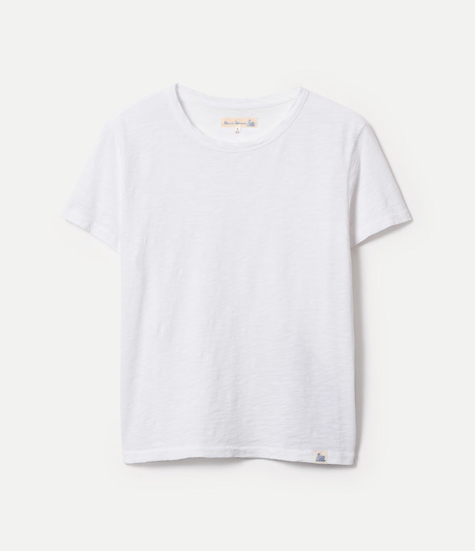White pima cotton slub T-shirt against neutral background