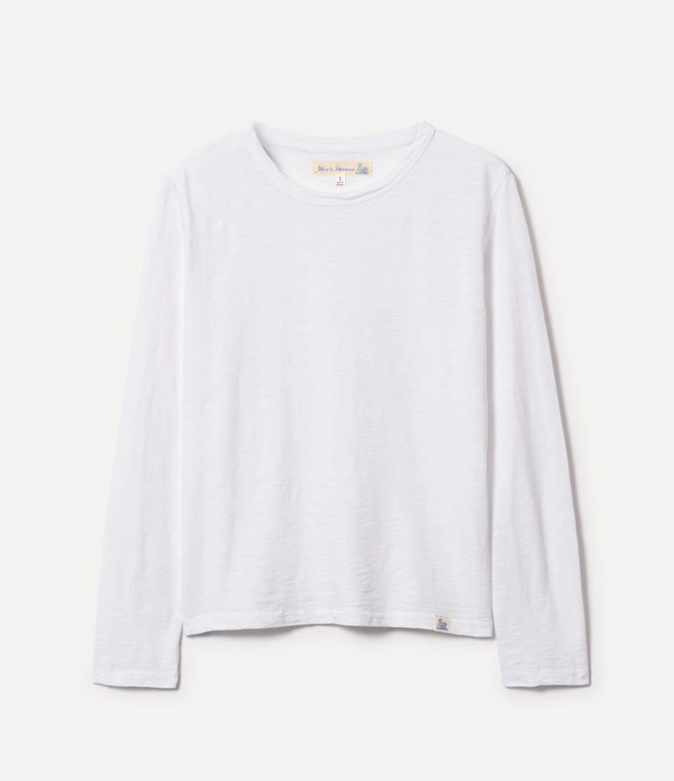 White long-sleeve shirt on a light gray background