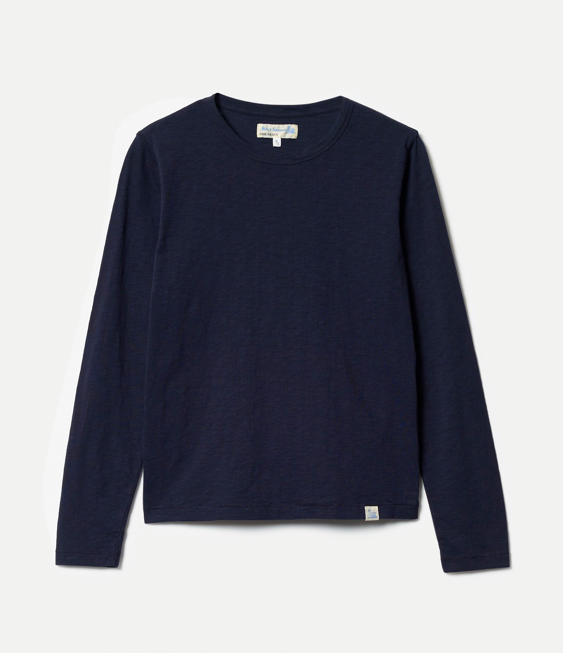 Navy long-sleeve shirt on a light gray background