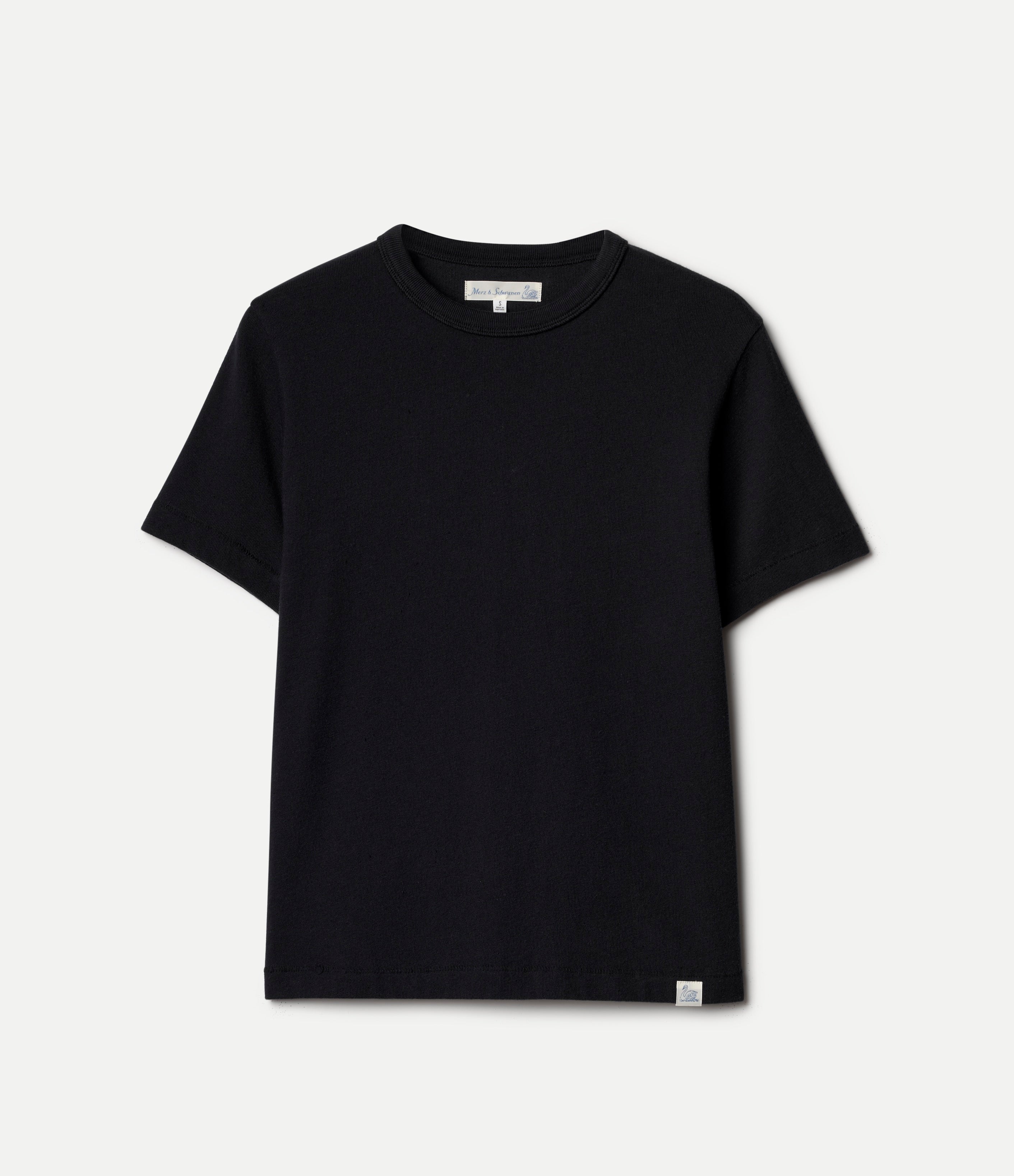 Black organic cotton t-shirt on a light gray background