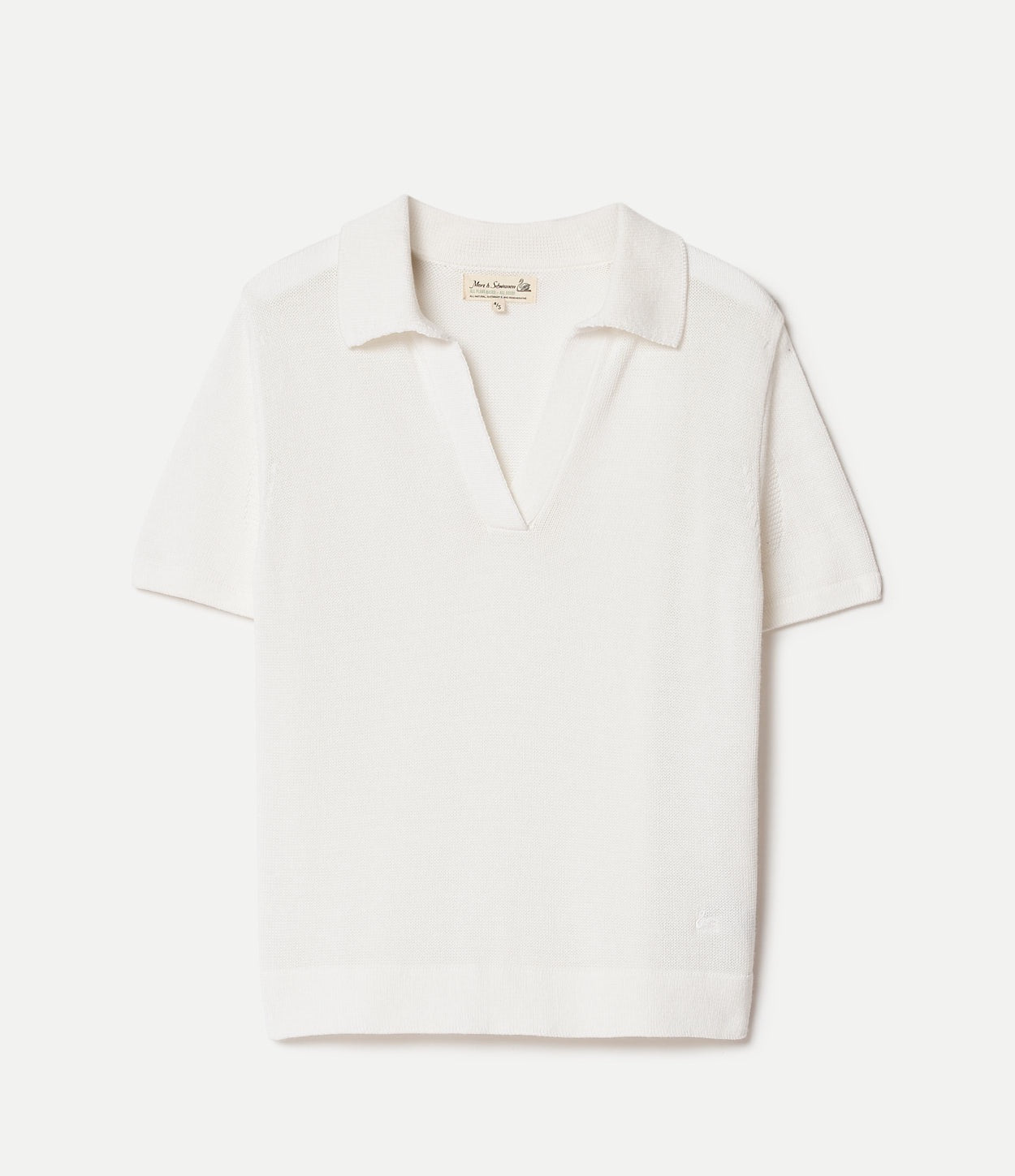 White knitted V-neck polo shirt on a white background