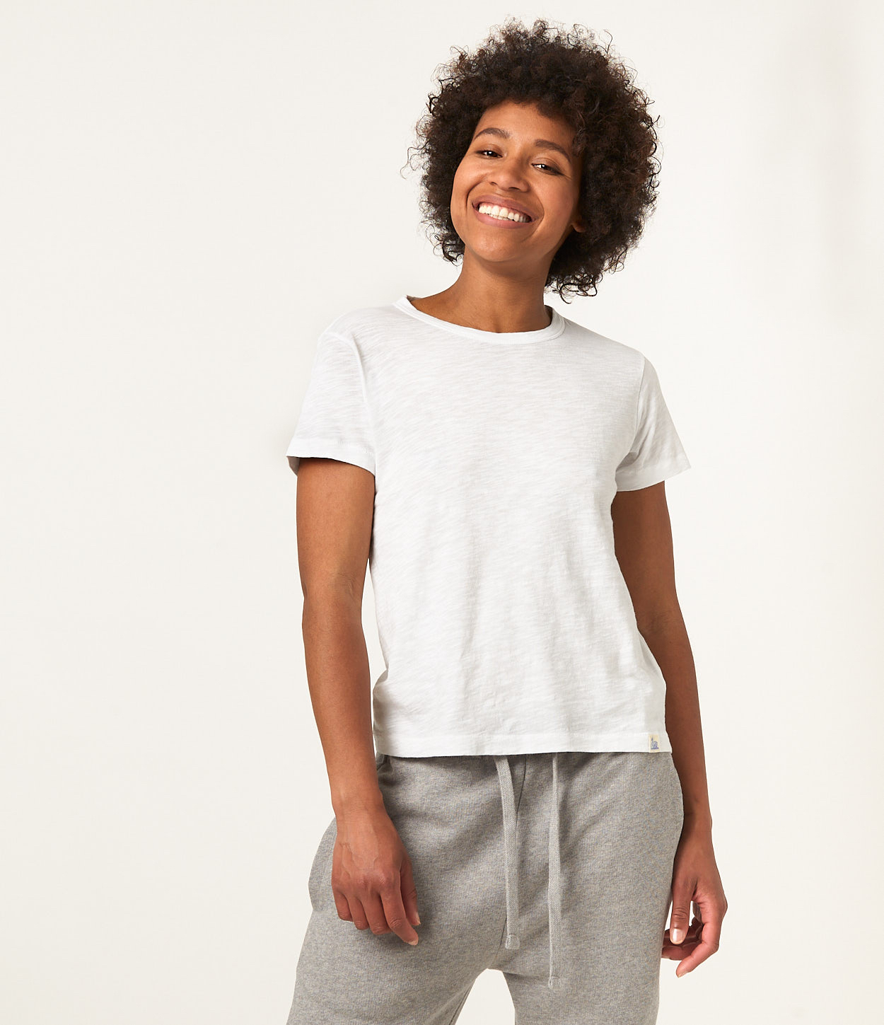 woman wearing organic pima cotton t-shirt in white