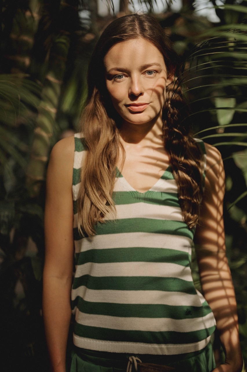 woman wearing striped knitted tanktop