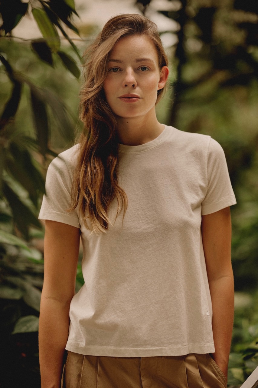 woman wearing cotton-hemp T-shirt