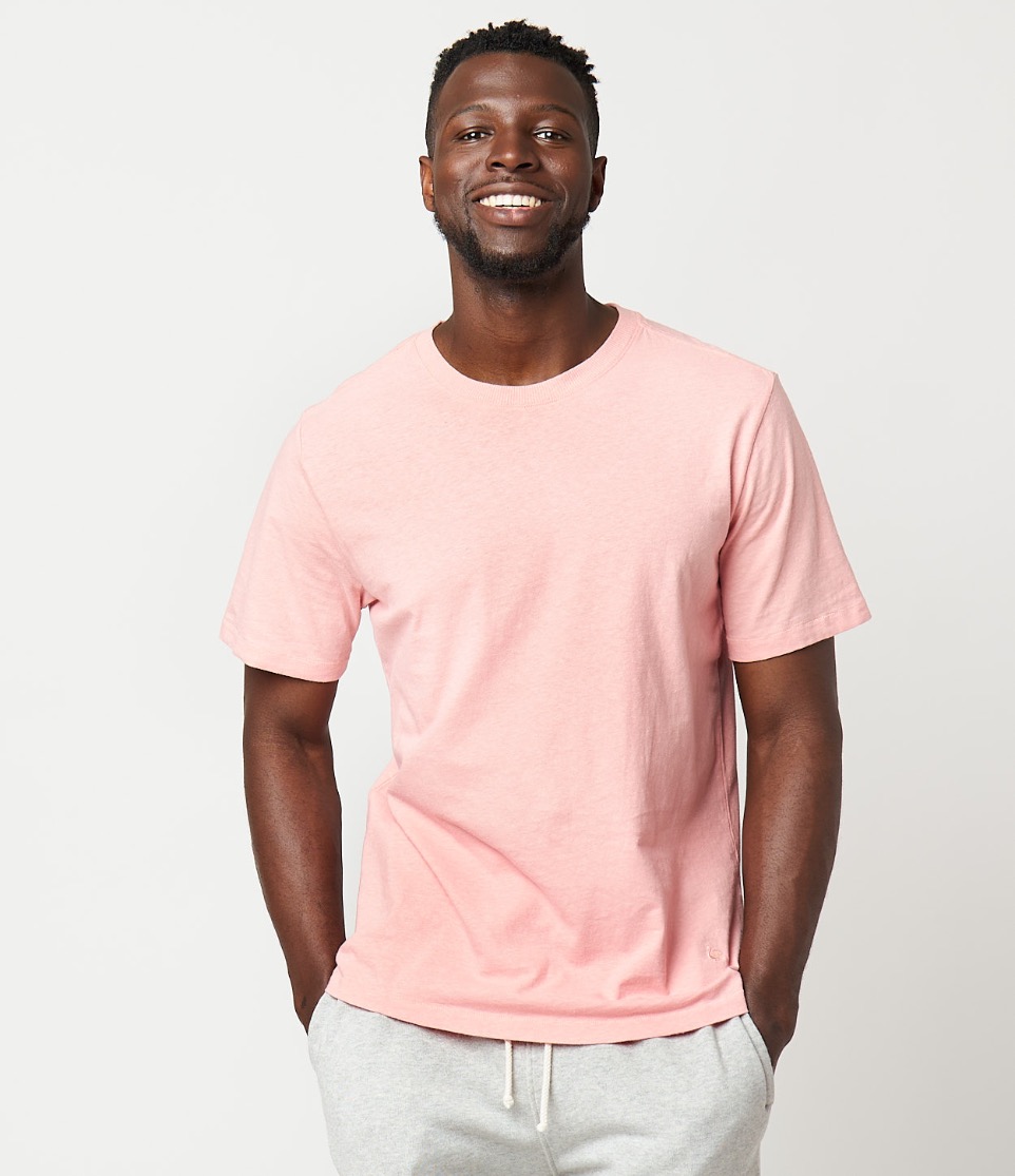 man wearing pink hemp t-shirt